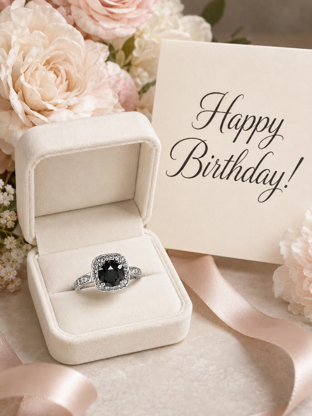 Black Faceted Stone Halo Ring Size 6 – Silver Tone Rhinestone Cocktail